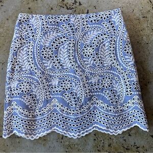 NWT LOFT Blue/White Eyelet Mini Skirt with Floral Embroidery Scallop Hem Sz 10P